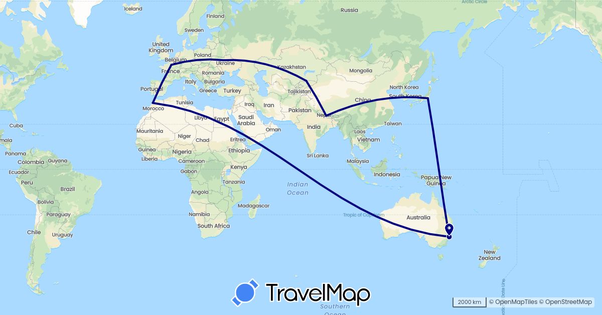 TravelMap itinerary: driving in Australia, France, Japan, Kyrgyzstan, Morocco, Nepal, Ukraine (Africa, Asia, Europe, Oceania)